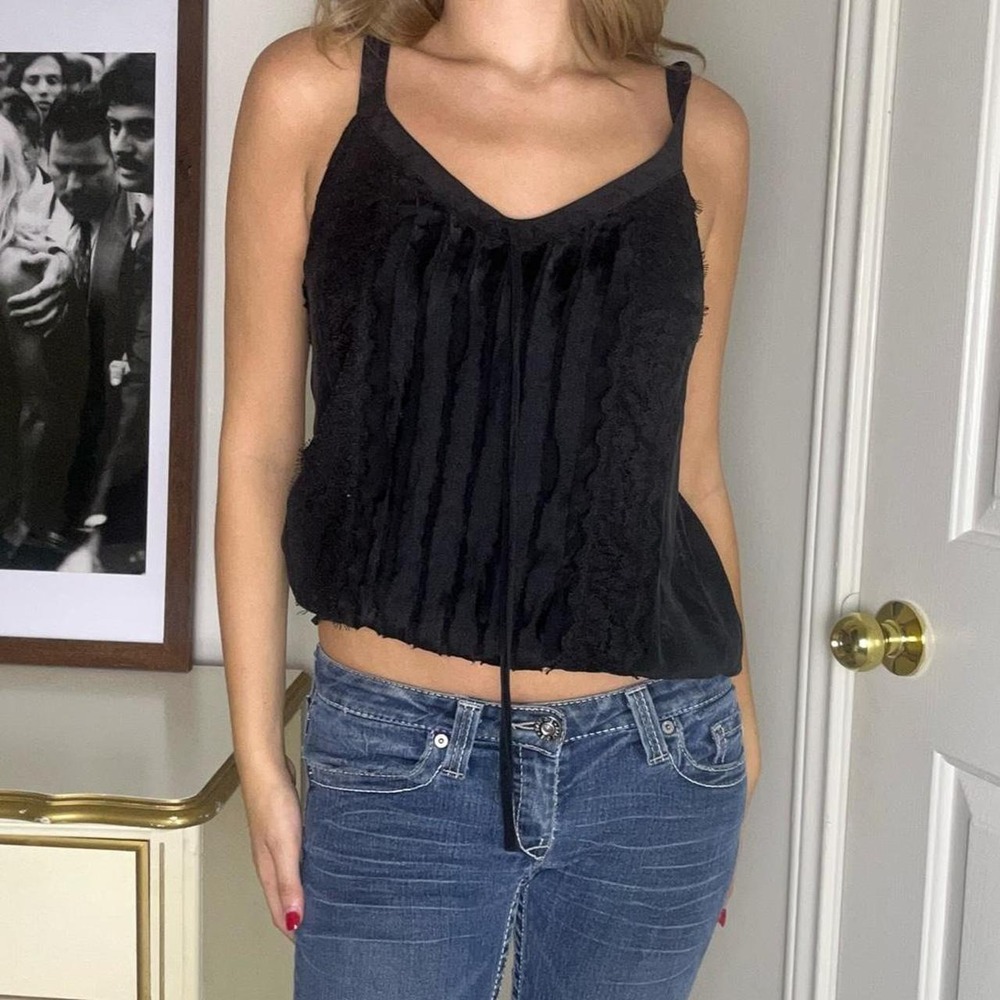 silk banana republic black lace ruffle cami blouse with tie front detail